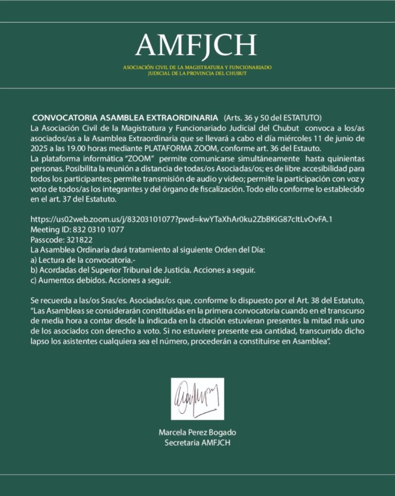 Convocatoria Asamblea Extraordinaria: 11 de junio a las 19.00 hs.